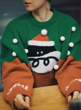 STILLYOU慵懒复古红绿拼色圣诞老人氛围感圆领毛衣女宽松套头毛衫