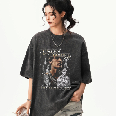 侃爷比伯阿姆TravisScott德雷克美式短袖嘻哈说唱复古水洗纯棉T恤