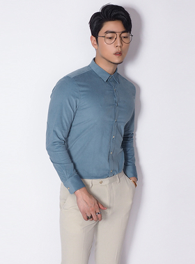 川泽韩版天蓝色条绒衬衫秋季时尚休闲灯芯绒长袖补丁衬衣男潮