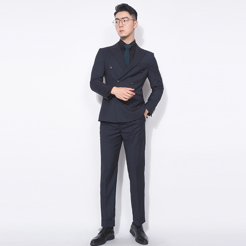 川泽男士藏青色西装二件套韩版修身双排扣西服套装轻商务条纹套西
