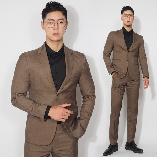 川泽男士修身咖啡色商务西服套装