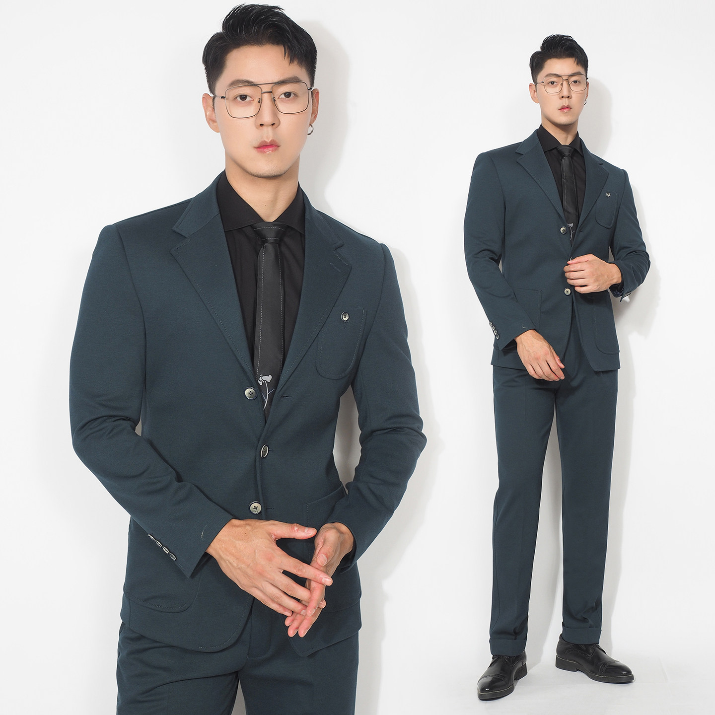 川泽男装墨绿色西装二件套新款韩版修身轻商务西服套装单西裤子男