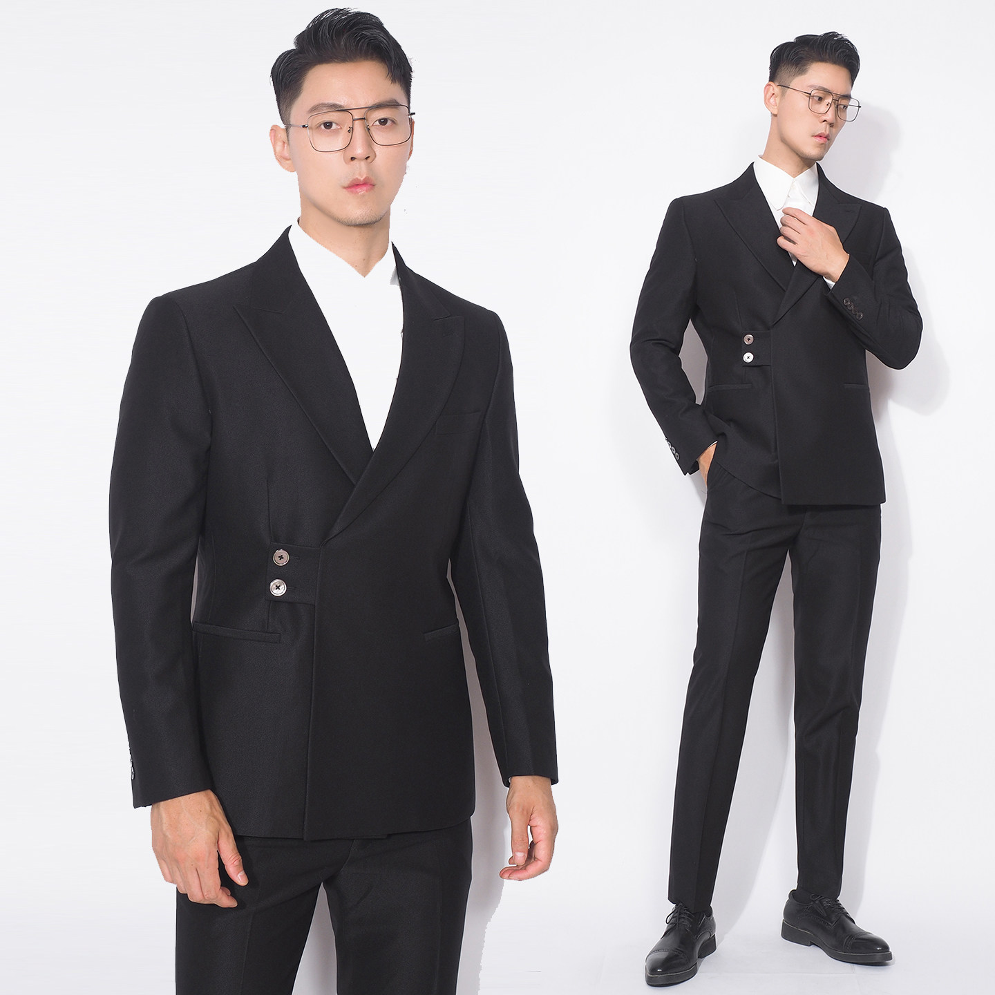 川泽男装黑色西装二件套新款韩版修身侧扣西服套装时尚单西裤子男