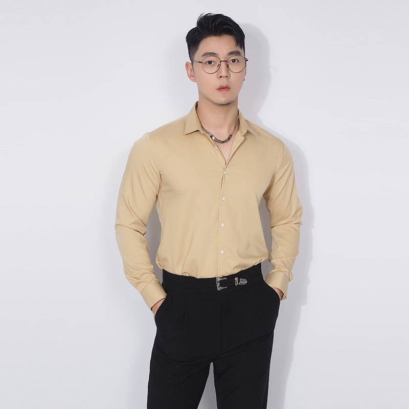川泽男士长袖日常纯色修身衬衣
