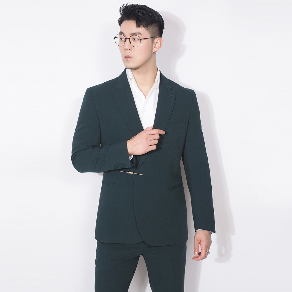 川泽男装金属搭扣墨绿色西装二件套韩版修身套装男士休闲西服裤子