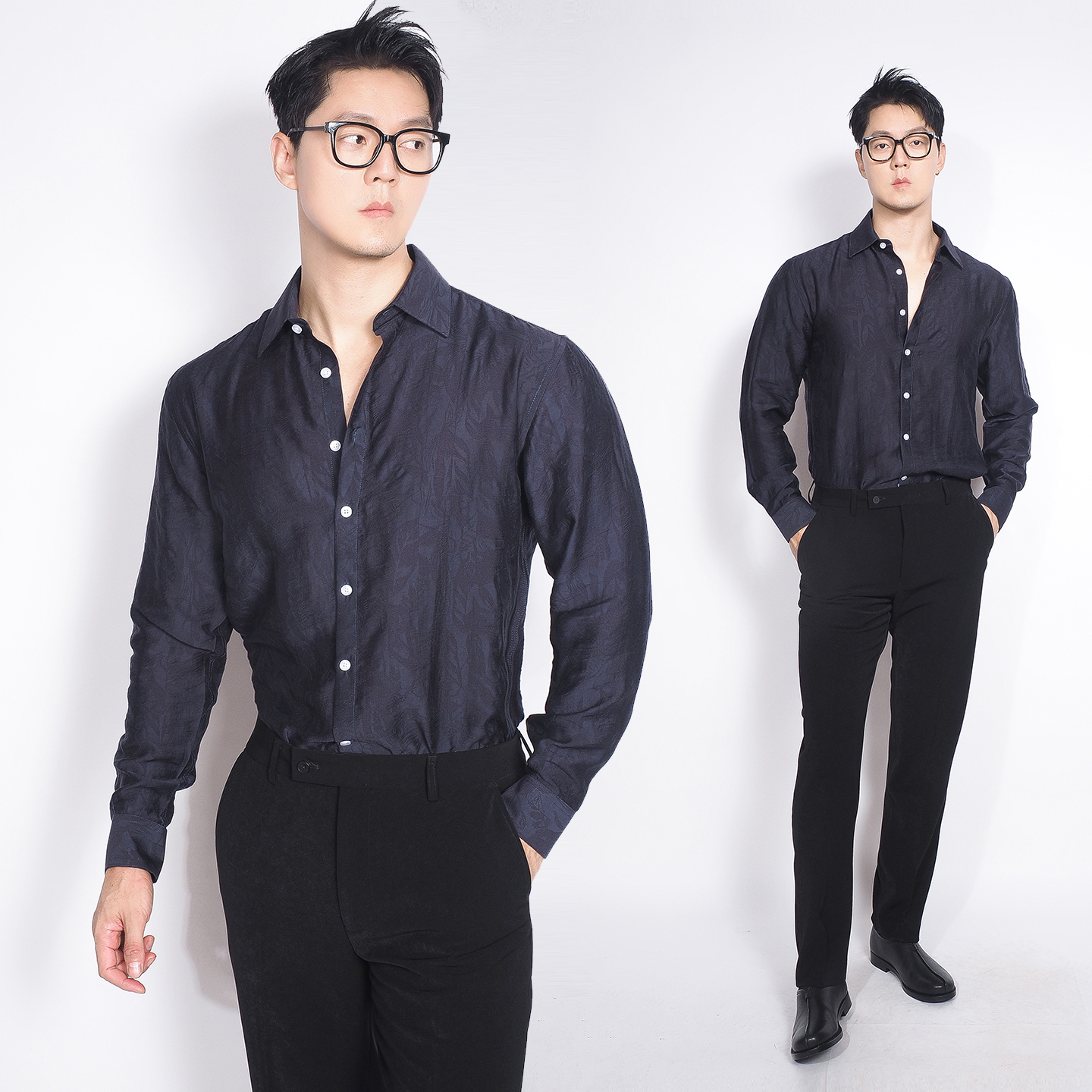 川泽藏青色提花树叶长袖日常衬衫