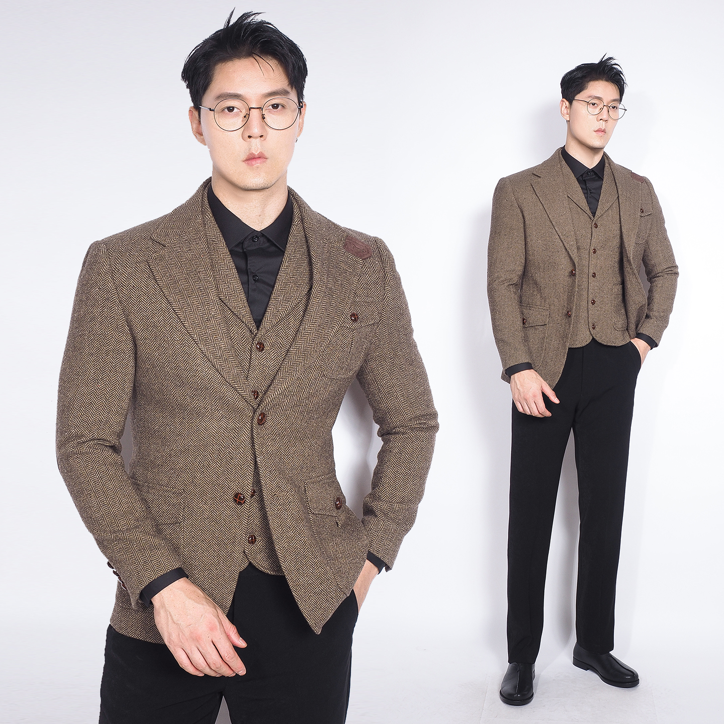 川泽男装棕色复古绅装英伦风西装外套马甲套装修身羊毛人字纹西服