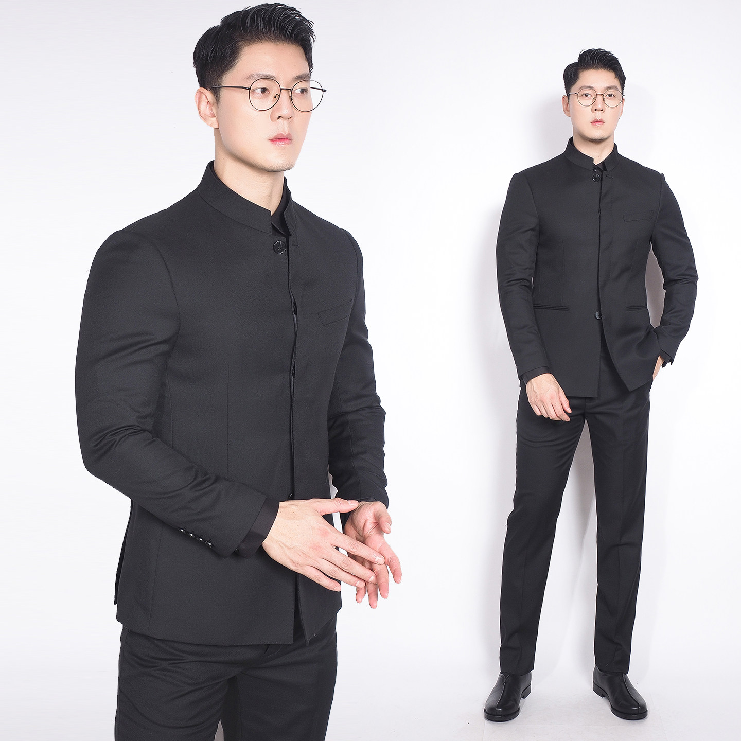 川泽男装新中式立领中山装单排暗扣结婚礼服国风时尚黑色高端西服