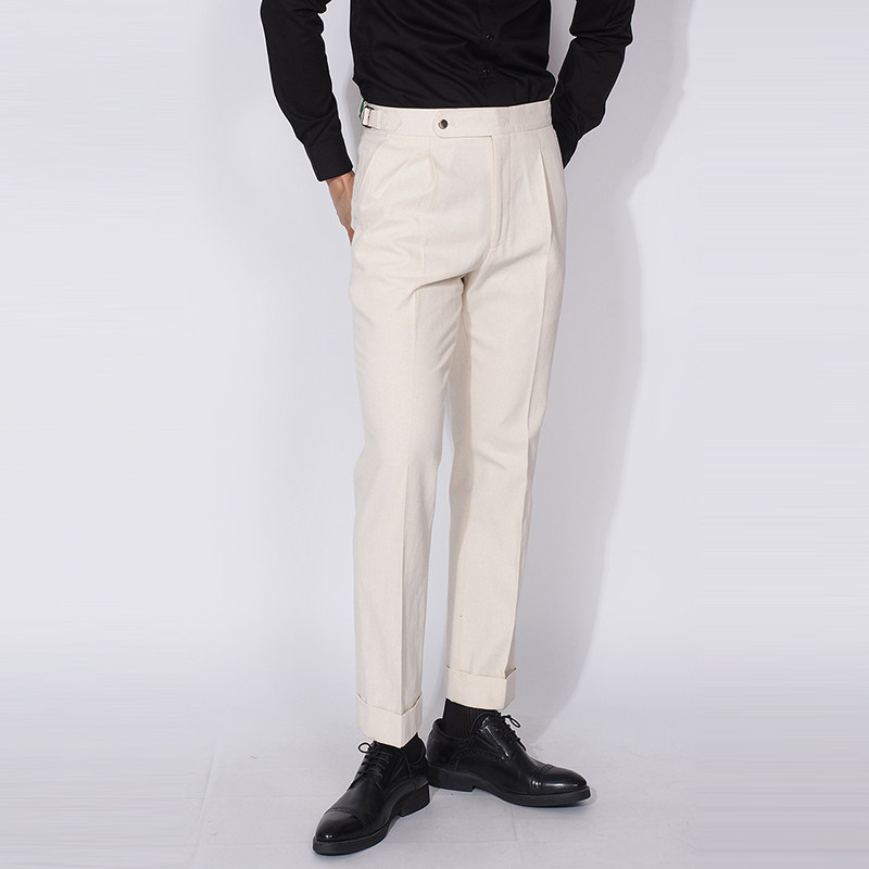 川泽男士米黄色西装裤子新款韩版修身卷边十分裤时尚百搭休闲西裤