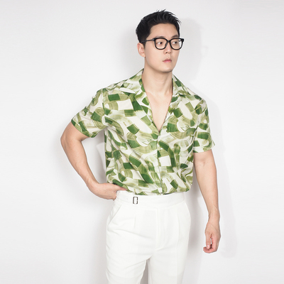 川泽绿色短袖时尚古巴领花衬衫