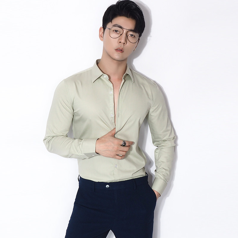 川泽纯色滑料长袖衬衫男2019英伦风修身青年休闲透气质感衬衣微弹