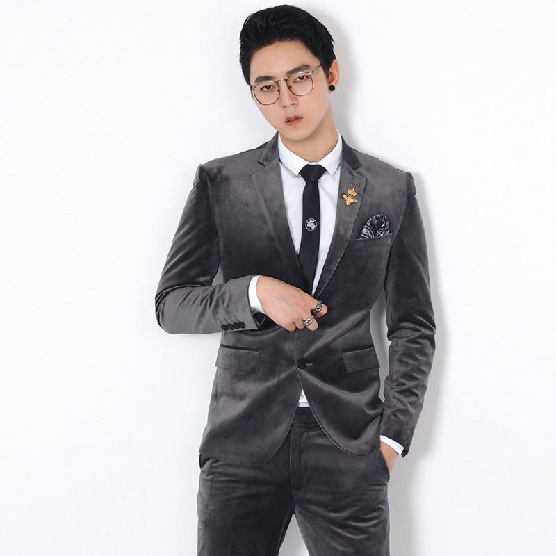 川泽男士修身西服金丝绒西装套装