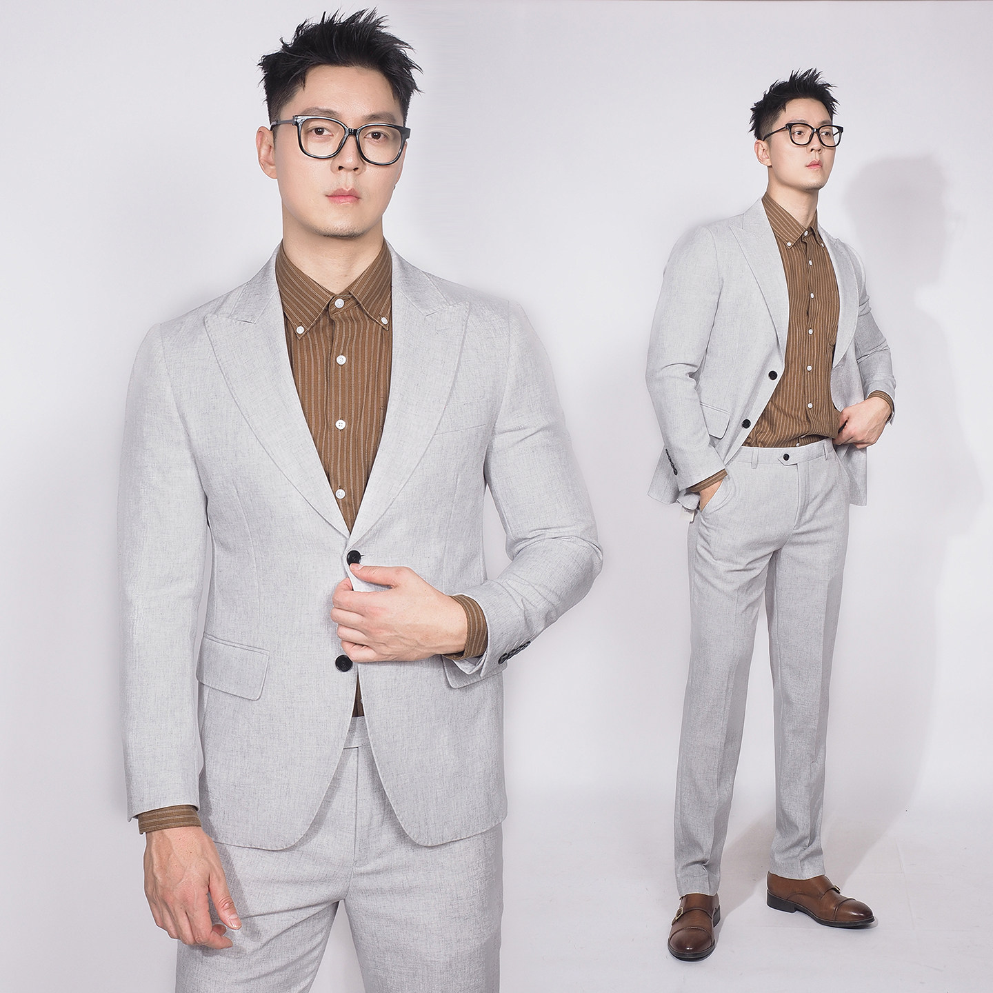 川泽男装休闲灰白色西装套装戗驳领修身韩版通勤抗皱西服两件套潮