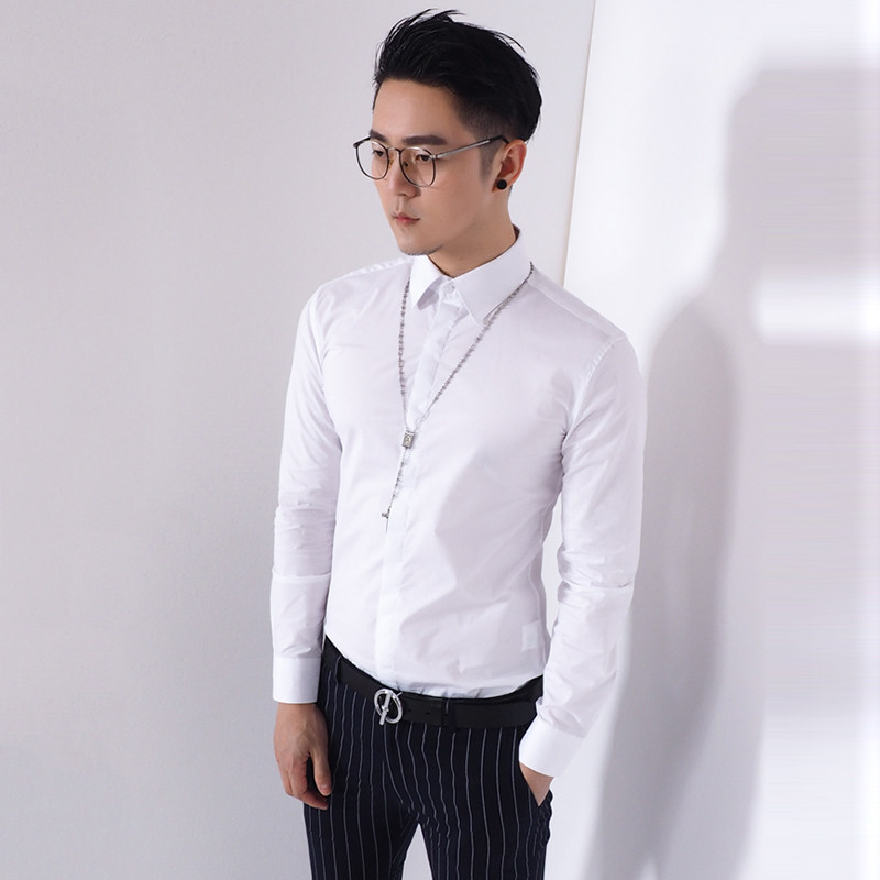 川泽原创定制 欧美简约时尚宽领修身男士长袖白衬衫 韩版衬衣男