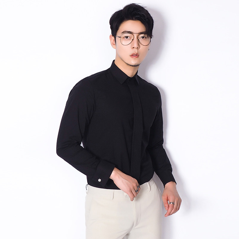 川泽男士长袖百搭黑色袖扣衬衣