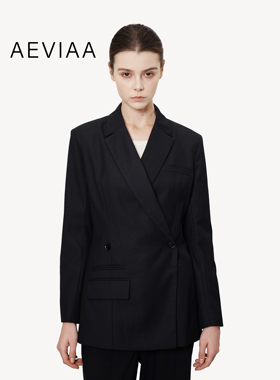 AEVIAA黑色小众西服羊毛双排扣斜襟垫肩休闲西装外套女
