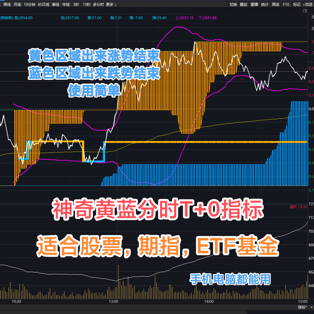 通达信黄蓝T+0分时指标趋势做T股票期货ETF品种做T