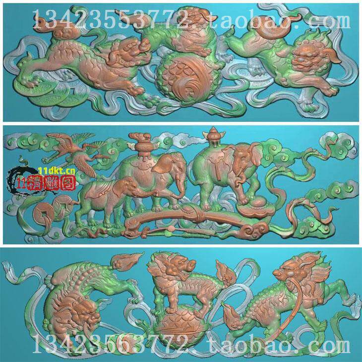 A扫描精雕图如意三象新款三狮戏球165-52大象狮子168-53 古建寺庙