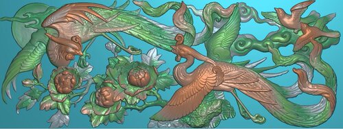 R精雕图扫描图灰度图 双凤程祥浮雕图121-46 砖雕石雕图效果