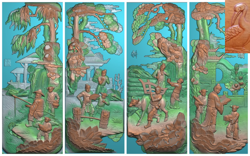 W浮雕图扫描图精雕图灰度图新款竖渔樵耕读人物50-123砖雕石雕图