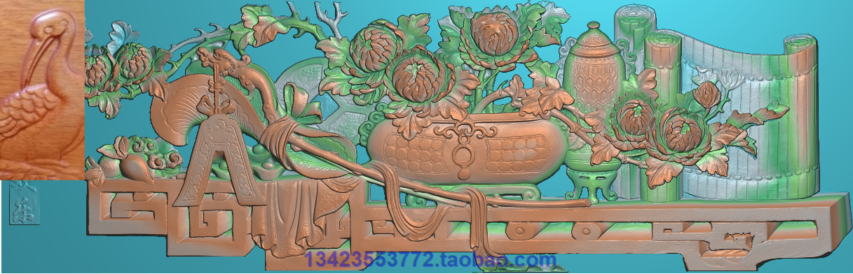 浮雕图扫描图精雕图灰度图新款菊花博古举家欢乐172-56 砖雕石雕