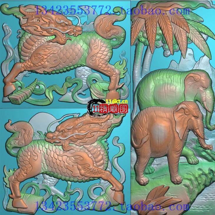 L浮雕图扫描图精雕图 新款麒麟铜钱麒麟书本葫芦古建大象古建寺庙
