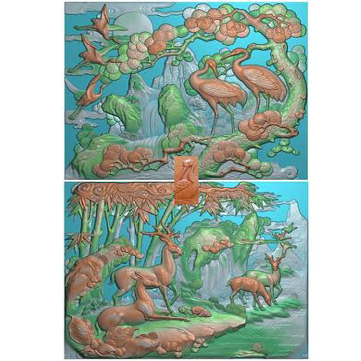 a扫描图精雕图松鹤延年鹿竹同春古建路竹松树鹿鹤 鹿竹松鹤砖雕图