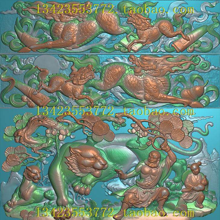 A精雕图浮雕灰度图扫描图深雕古建图新款伏虎人物双麒麟横108-27