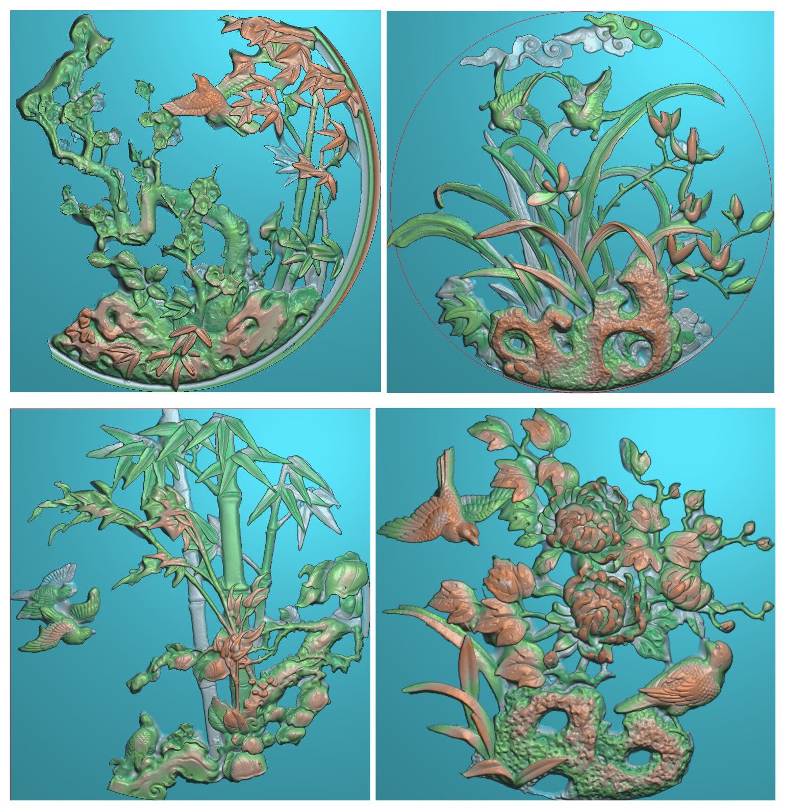 z浮雕图扫描图精雕图灰度图新款梅兰竹菊花鸟圆形镂空 砖雕石雕