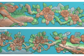D浮雕图扫描图精雕图灰度图新款横太平山茶花鸟364-29砖雕石雕