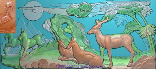浮雕图扫描图精雕图灰度图新款竹鹿114-50 砖雕石雕效果图