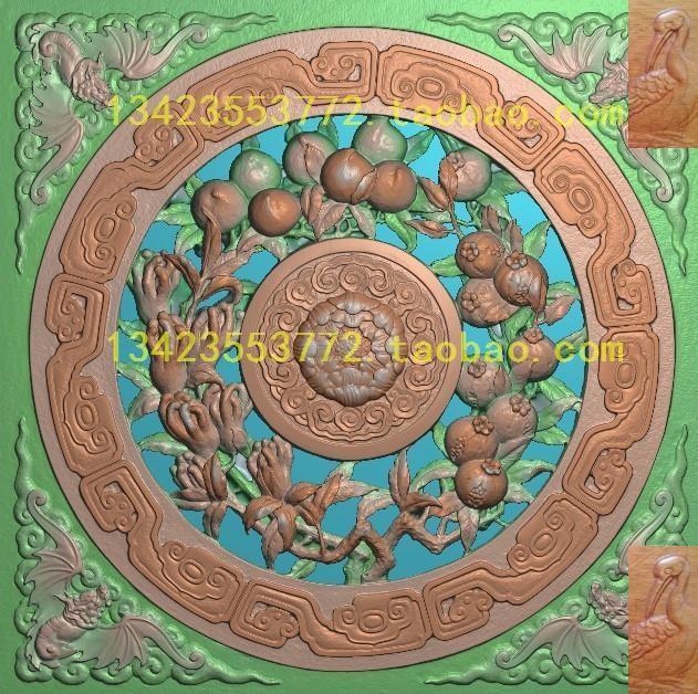 浮雕正方形镂空草龙角花边框藏式石榴佛手通花蝙蝠精雕图灰度图