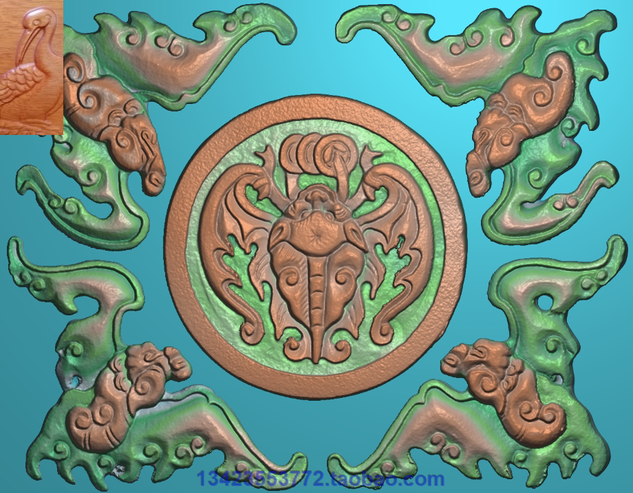 浮雕图扫描图精雕图灰度图新款五蝙蝠50-38砖雕石雕效果图