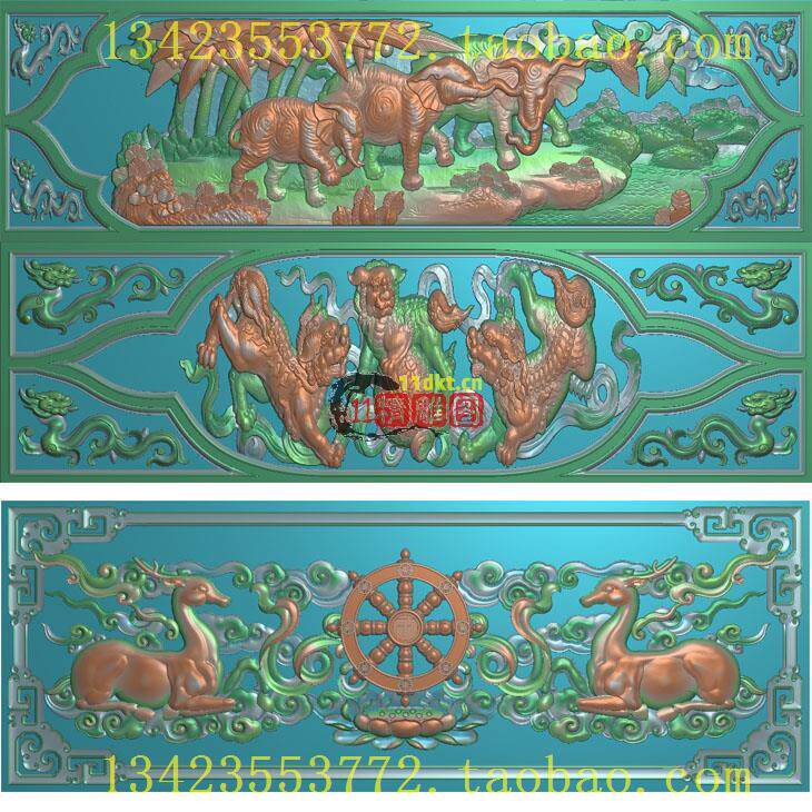三象精雕图太平有象石雕扫描图古建筑祠堂寺庙狮子戏球双鹿浮雕图