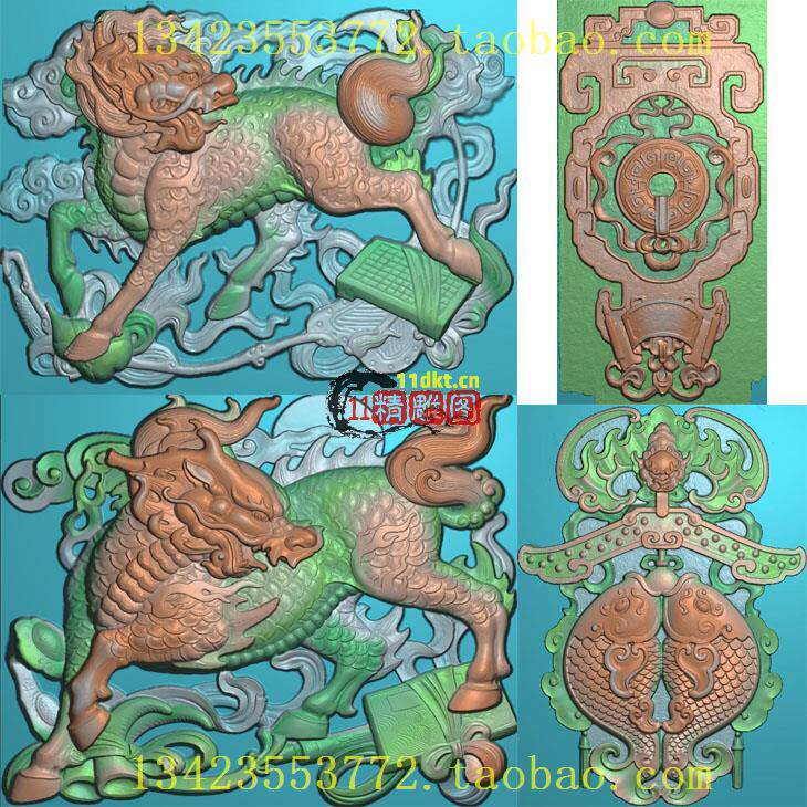 L精雕图浮雕灰度图扫描图深雕古建博古鱼中排麒麟如意书本画轴