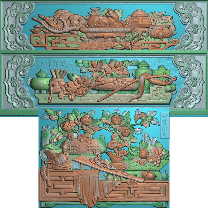 博古花瓶精雕图牡丹月季加冠进禄吉祥如意古建筑祠堂壁画扫描图新