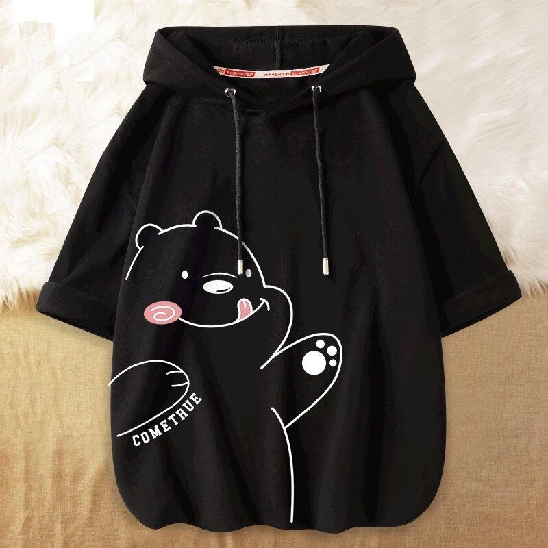 连帽短袖t恤男夏季潮牌ins大码宽松胖子上衣服体恤潮流七分袖卫衣