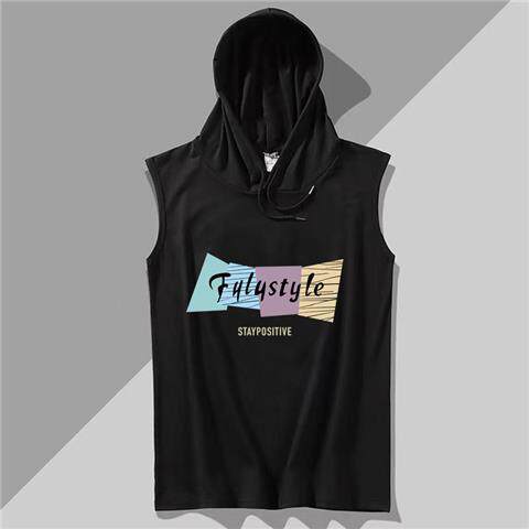 夏季卫衣帽衫港风街头连帽背心男潮牌带帽无袖t恤男夏季马甲薄款