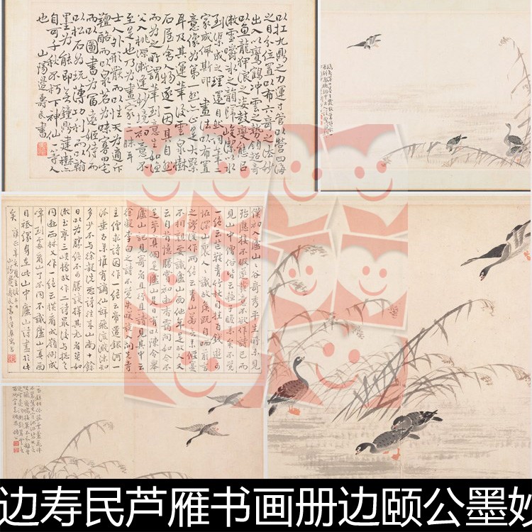 UAJ清代边寿民芦雁书画册边颐公墨妙第二册四页画八页高清素材