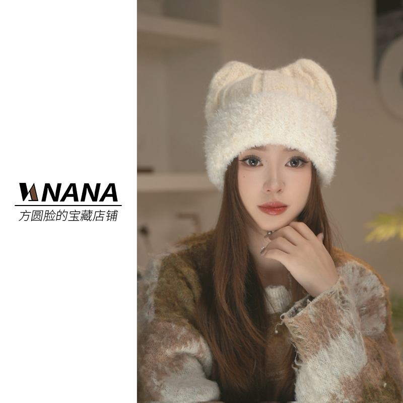 原创小猫耳 钩花毛针织帽骑车包头帽子女秋冬保暖