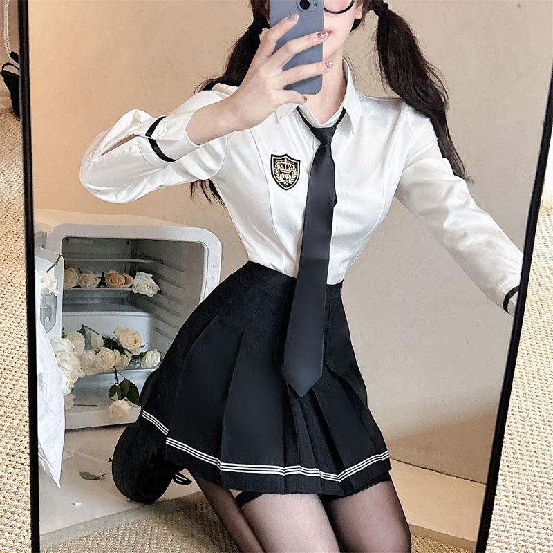 jk制服套装女秋季英伦学院风长袖领带衬衫上衣+高腰百褶裙两件套