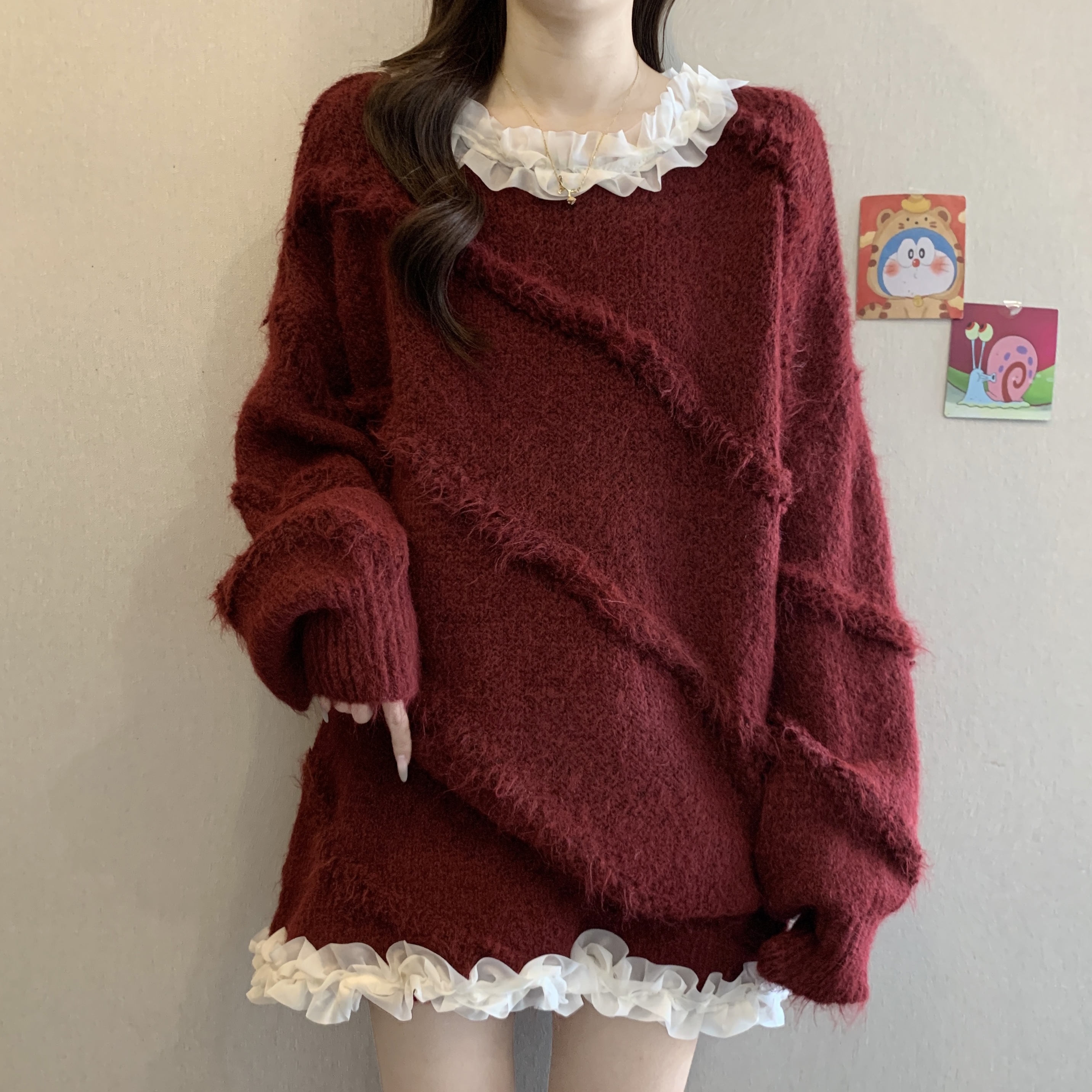 圣诞过年红色蕾丝拼接针织套装女秋冬胖MM气质显瘦毛衣裙子两件套