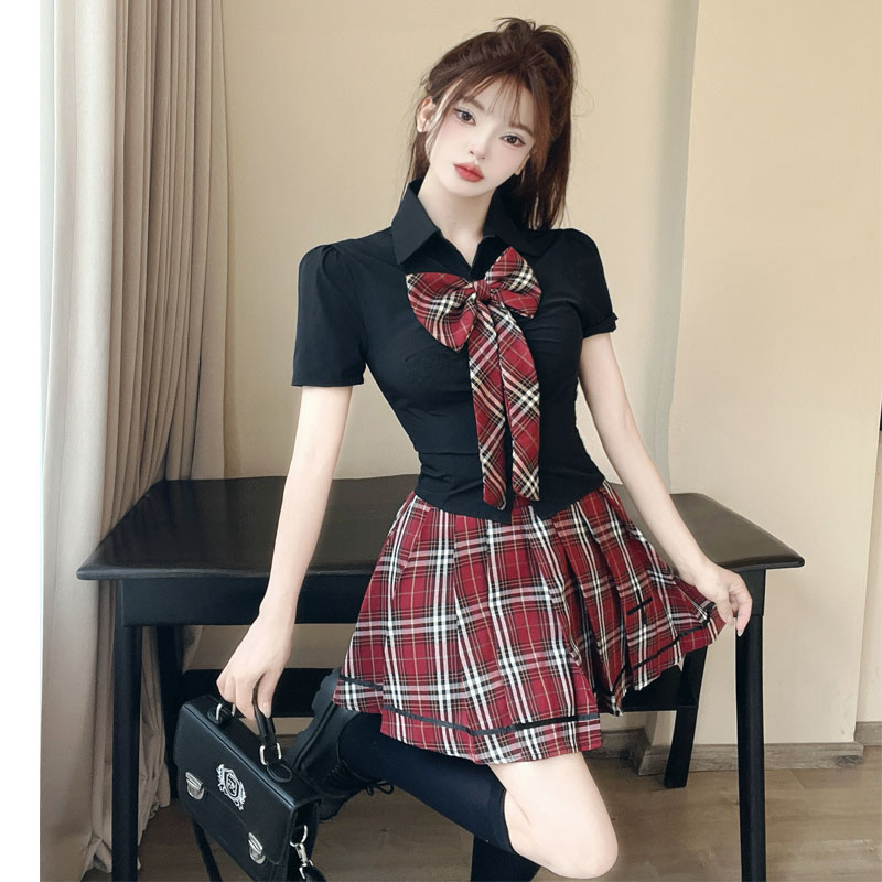 校园风学院风套装夏季辣妹短袖衬衫jk制服格子半身百褶裙两件套女