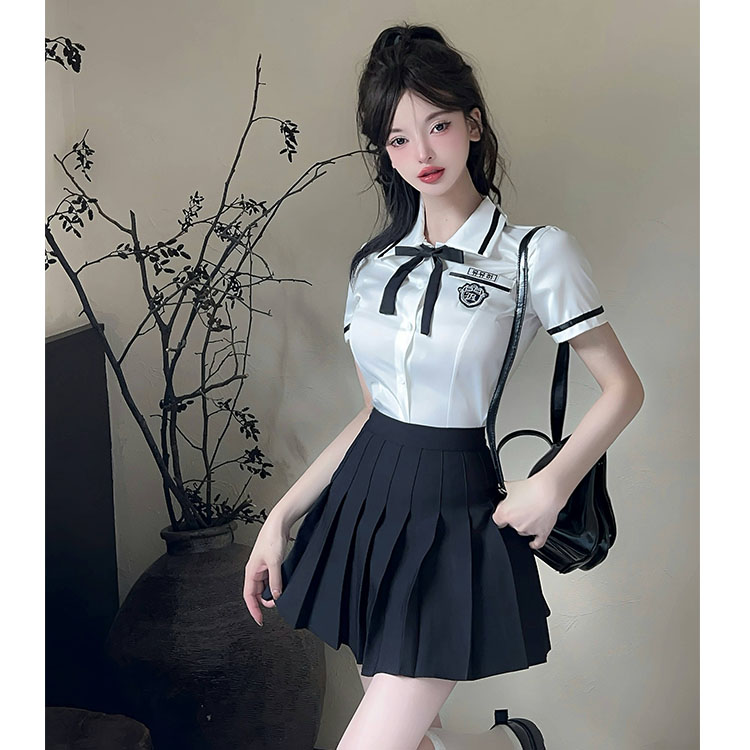 工作服衬衫收腰衬衫女夏款短袖衬衣百褶裙韩系学院风jk制服套装