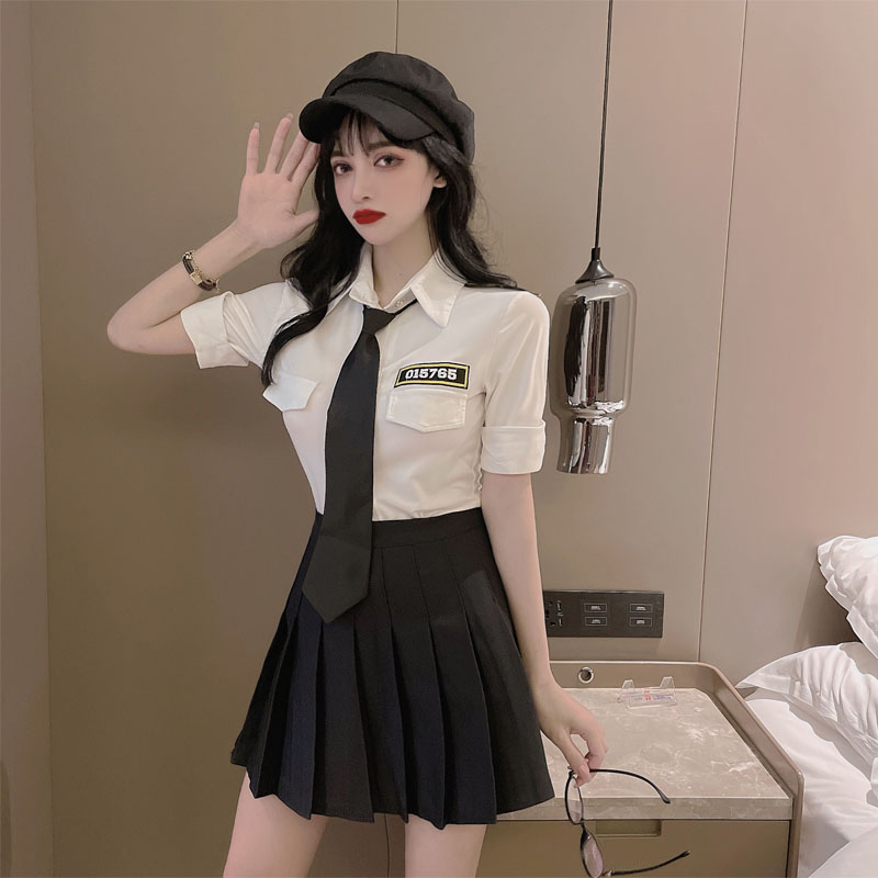 jk制服套装女夏季短袖领带衬衣配百褶裙职业装工作服两件套