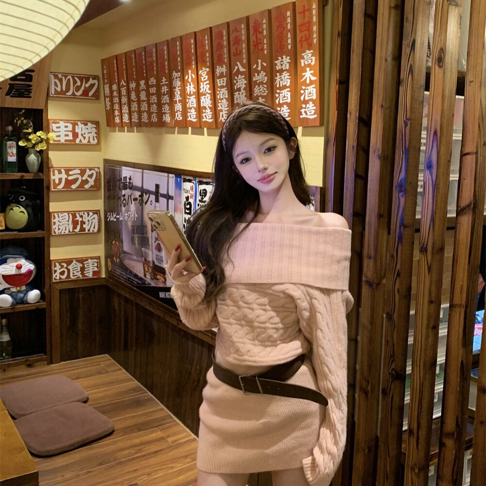 2026春季新款纯欲风性感修身包臀裙一字领麻花针织毛衣连衣裙皮带