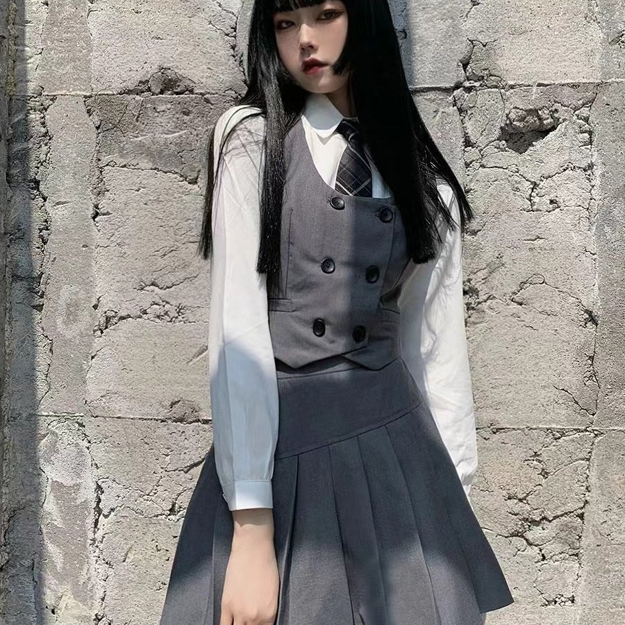 马甲jk衬衫女两件套内搭叠穿春季学院风制服套装春装白衬衫女长袖