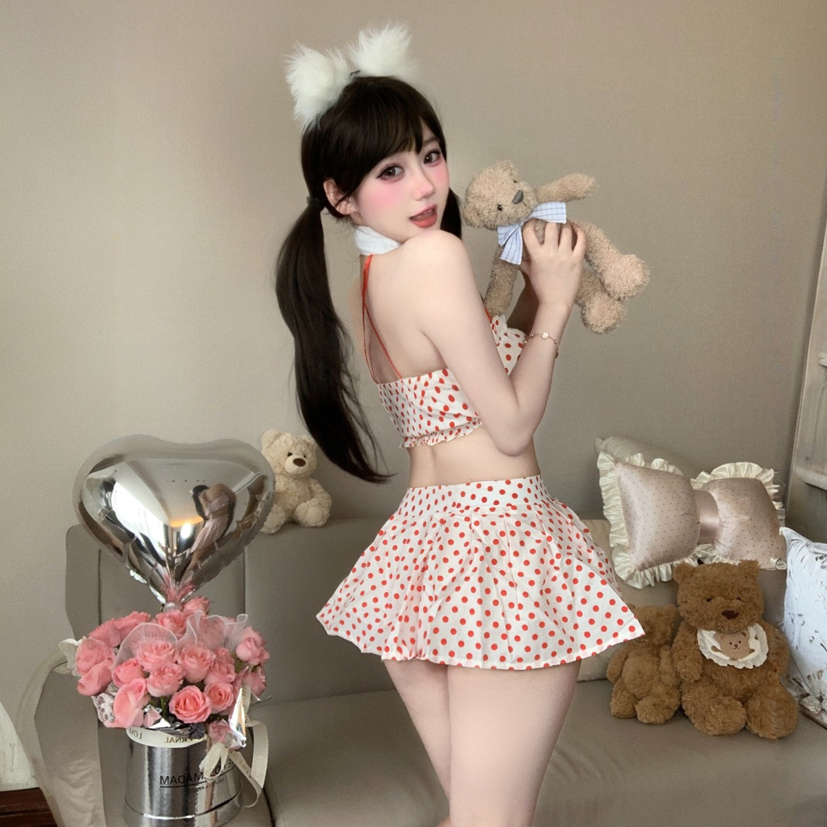 情趣睡衣性感小清晰波点挂脖露背抹胸上衣短裙套装休闲度假泳装