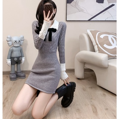 韩国气质小香风配大衣针织连衣裙女秋冬小个子包臀内搭打底毛衣裙