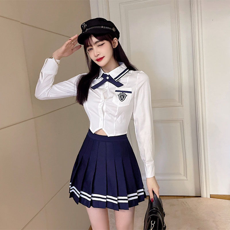 制服套装女春季刺绣长袖衬衣百褶裙英伦学院风jk减龄两件套